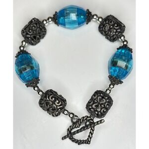 Vintage Blue Acrylic Bead Toggle Bracelet Brass Tone Filigree Statement